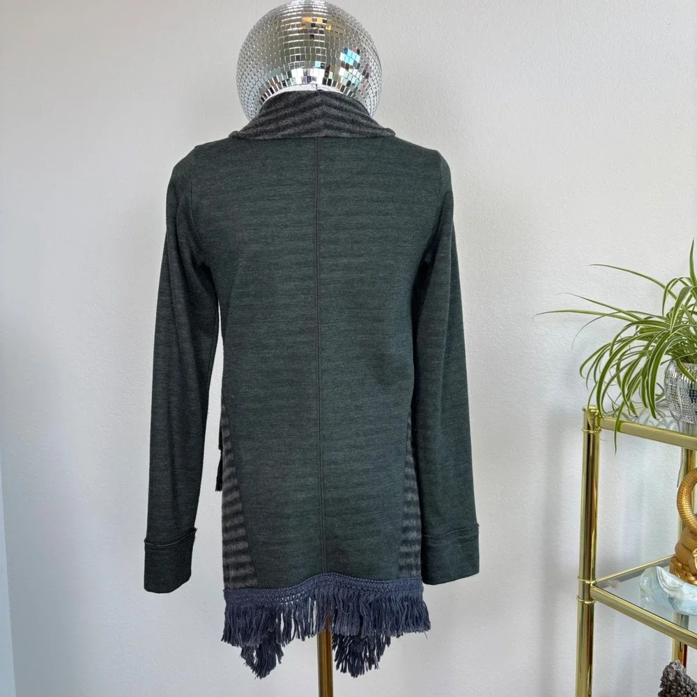 Anthropologie Saturday Sunday Green Striped Fringe Open Front Cardigan XS